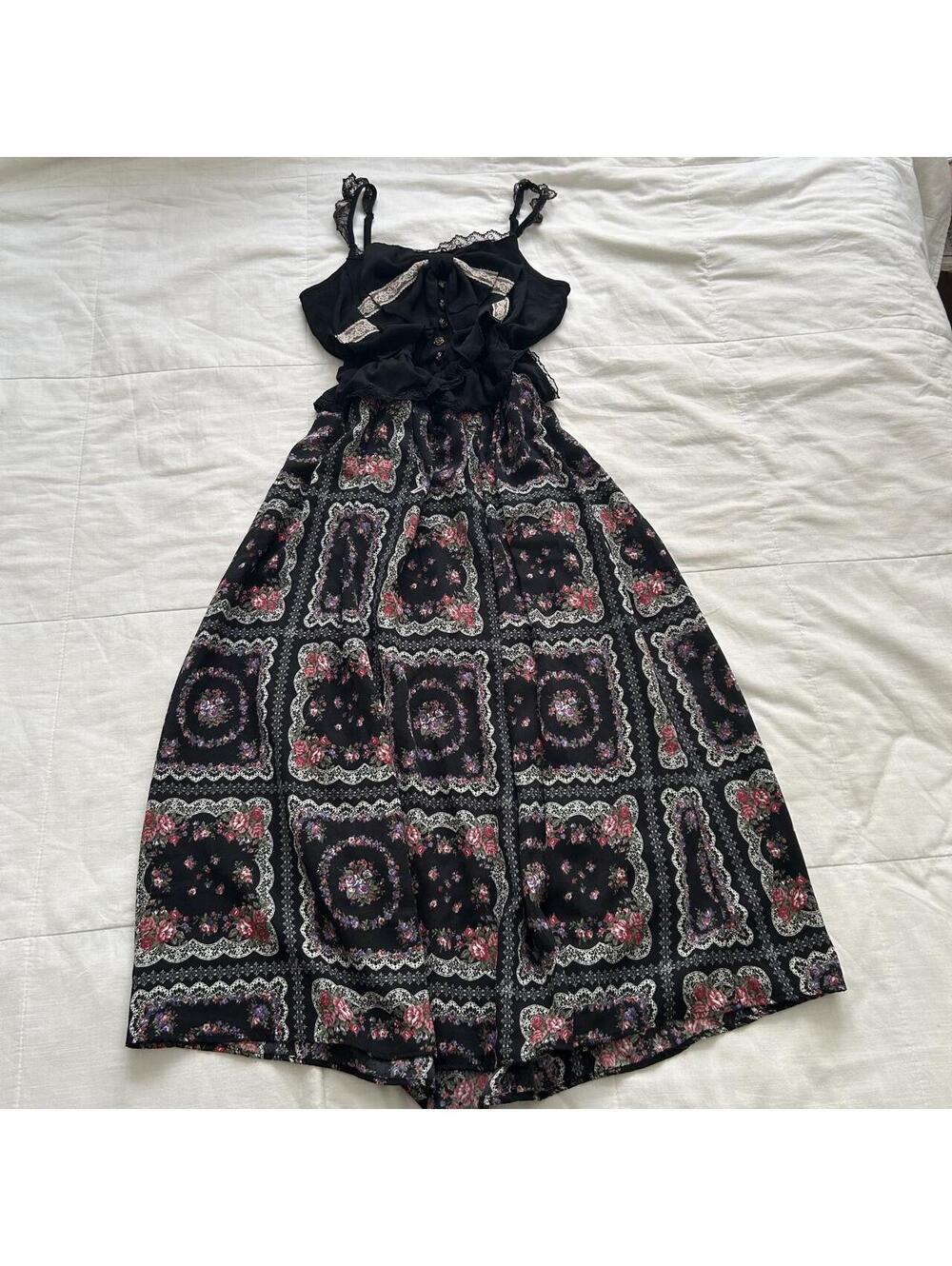 Axes Femme Black Floral Maxi Dress Rose Print Lace Big Bow Medium Japan